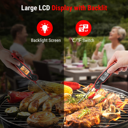Instant Read Meat Thermometer Digital Food Thermometer with Foldable Probe Motion Sensing Fast 2-3 Second Read – Kitchen BBQ Grill Smoker Oil Candy Thermometer with Magnet LCD Display Red