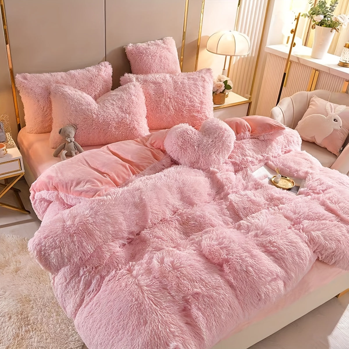 Fluffy Duvet Cover Set 4 Piece Queen King, Soft Plush Comforter Cover with 2 Pillow Shams All Season Cozy Bedding Set No Insert, in Purple Red Pink Gray Yellow Blue Beige Black