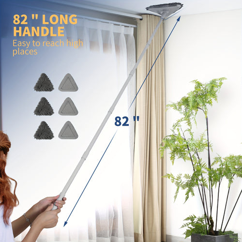 Wall Cleaner Mop with 82-Inch Long Handle & Squeegee, Baseboard Ceiling Cleaning Tool with 6 Replacement Pads, Multi-Surface Duster for Walls Windows Floors – Gray