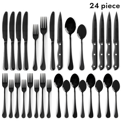 Stainless Steel Silverware Set with Steak Knives 24 or 48 Piece – Mirror Polished Flatware Set Dishwasher Safe for 4 or 8 Silver Black