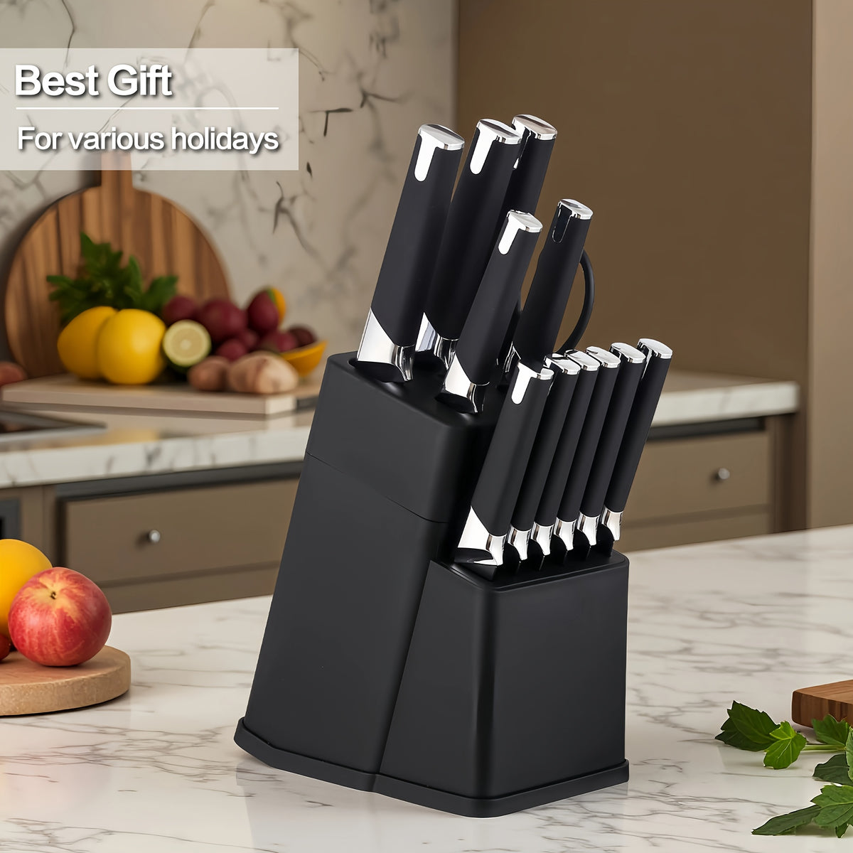 13-Piece Kitchen Knife Set with Block Holder - Chef Knife, Bread Knife, 6 Steak Knives & Scissors - Sharp Stainless Steel Blades, Durable Ergonomic Handle, Perfect Housewarming Gift for Home Kitchen