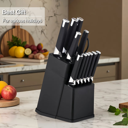 13-Piece Kitchen Knife Set with Block Holder - Chef Knife, Bread Knife, 6 Steak Knives & Scissors - Sharp Stainless Steel Blades, Durable Ergonomic Handle, Perfect Housewarming Gift for Home Kitchen