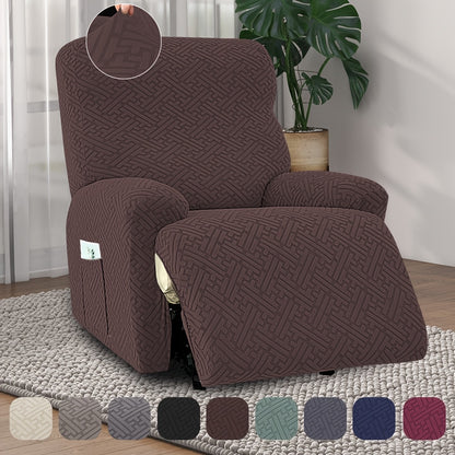Stretch Recliner Cover with Pocket – 4 Season Washable Recliner Slipcover, Soft Jacquard Knit Fabric, Anti-Slip Sofa Chair Protector for Living Room, 9 Colors