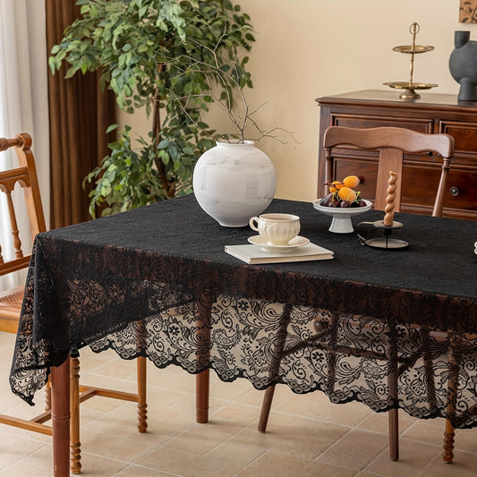 Black Lace Tablecloth with Floral Pattern - Elegant Polyester Rectangular Table Cover for Farmhouse, Thanksgiving, Holiday Dining & Wedding Decor, Machine-Made Durable Fabric
