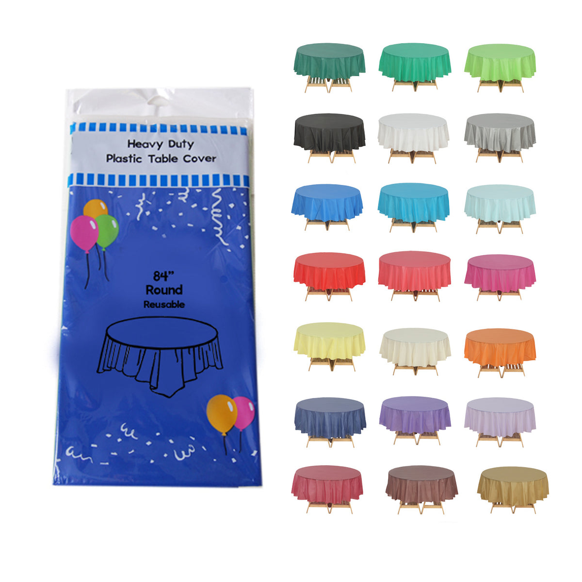 Disposable Plastic Tablecloth 12-Pack – Heavy Duty Table Cover for Parties, 84" Round & 54"x108" Rectangle, 22 Colors for Kitchen Dining Outdoor Events
