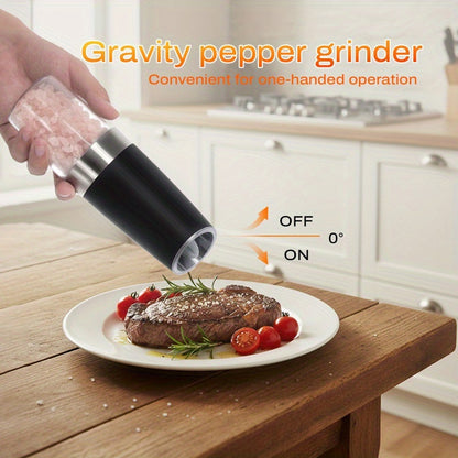 Electric Salt and Pepper Grinder Set 2-Pack – Gravity-Sensing Battery-Powered One-Hand Operation LED Light Adjustable Coarseness Black Kitchen Gadget Gift