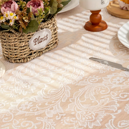 Lace Tablecloth Rectangular Floral Embroidered Wedding Dinner Table Cover - White & Black, Multiple Sizes, Polyester Machine-Made Holiday Home Decor