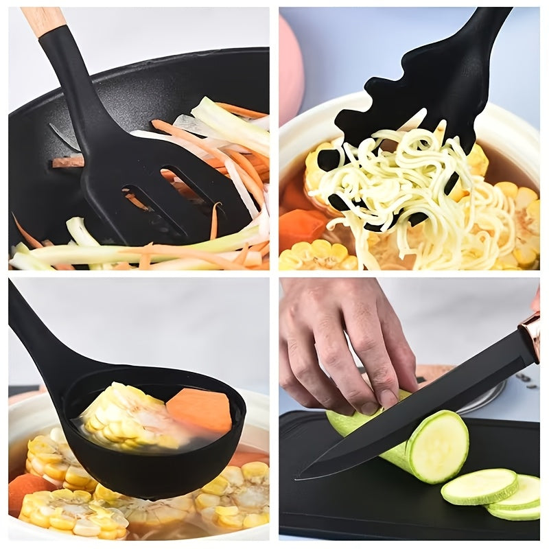 Silicone Cookware Set 19pcs Non-Stick with Bamboo Storage Containers & Knives – Heat-Resistant Pots Pans Utensils, Wooden Handle, Induction & Oven Safe, Kitchen Cooking Gift