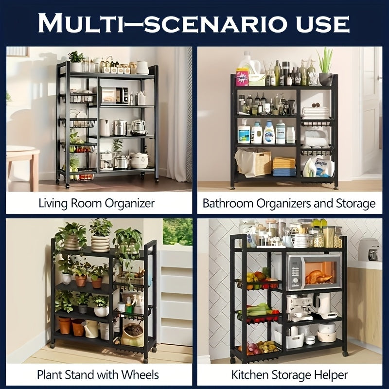 Rolling Storage Rack with Baskets Adjustable Metal Shelf on Wheels Kitchen Pantry Organizer Garage Bathroom Closet Utility Standing Shelf