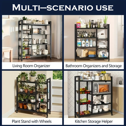 Rolling Storage Rack with Baskets Adjustable Metal Shelf on Wheels Kitchen Pantry Organizer Garage Bathroom Closet Utility Standing Shelf