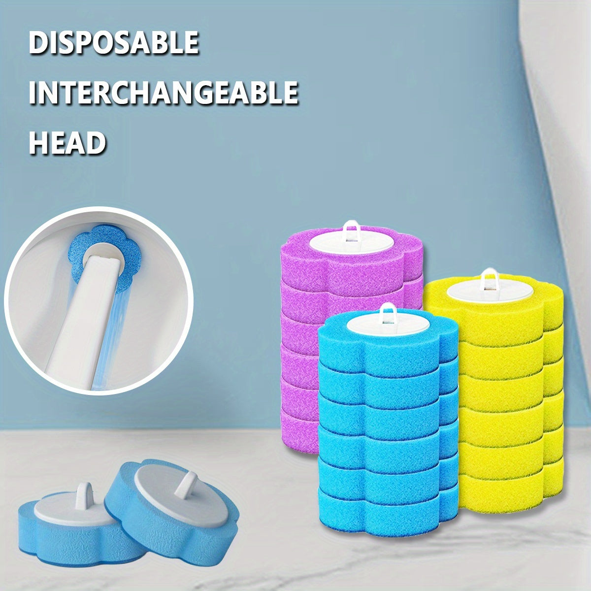 Disposable Toilet Brush Head Refills 54 Pack – Replacement Heads for Toilet Bowl Cleaning Brush, No Dead Corner Bathroom Scrubber, Hygienic Single-Use Pads, Optional Handle, Yellow Purple Blue