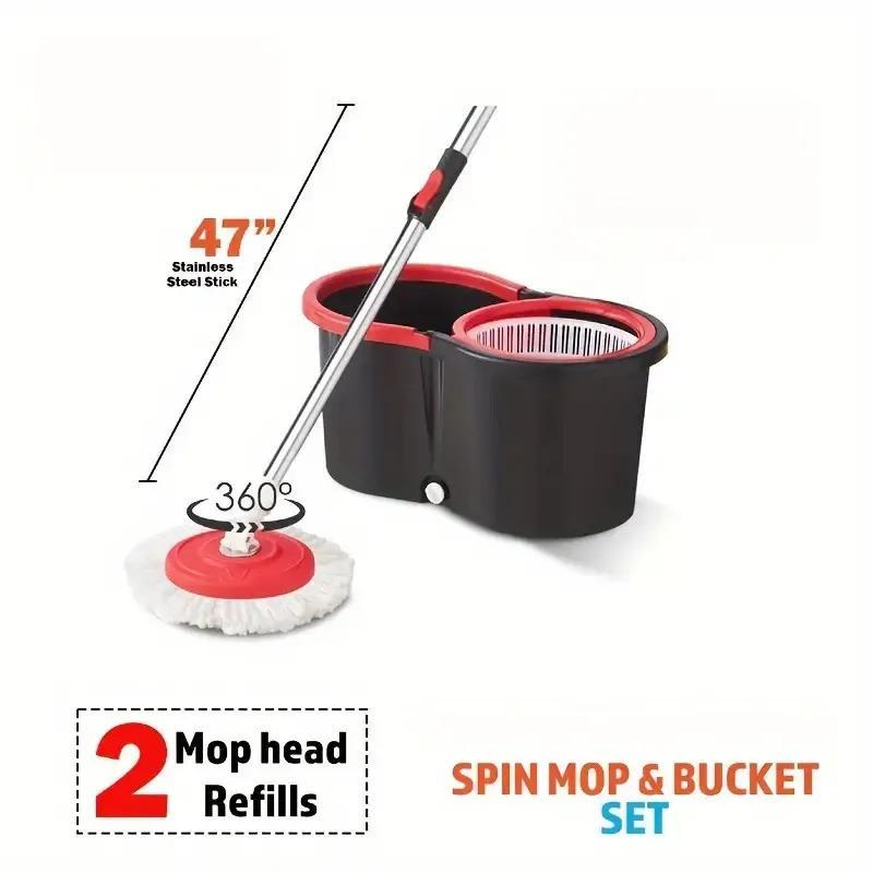 360° Spin Mop and Bucket Set – Wet & Dust Floor Mop for Home with 2 Mop Heads Included Self-Wringing Spinning Mop for Hardwood Tile Laminate & Vinyl Floor Cleaning in Blue or Red
