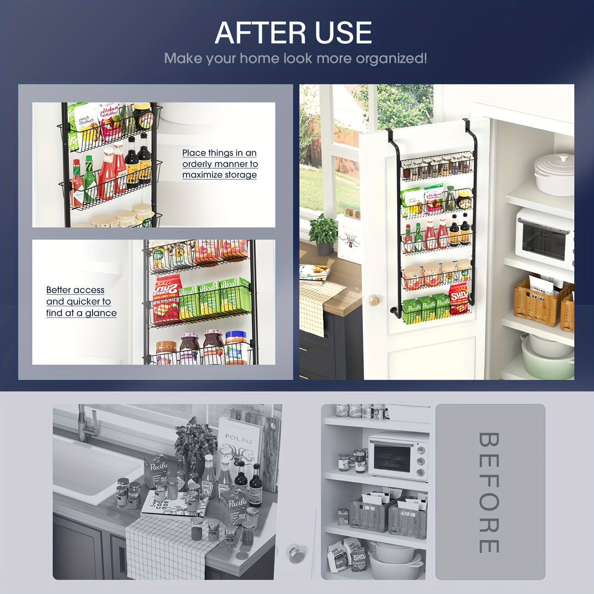 Over The Door Organizer, Heavy-Duty Metal Pantry Rack with 6 or 8 Shelves – Space-Saving Multi-Level Storage for Kitchen, Bathroom & Laundry Room, Spice Rack & Cabinet Door Hanging Shelf, Black or White