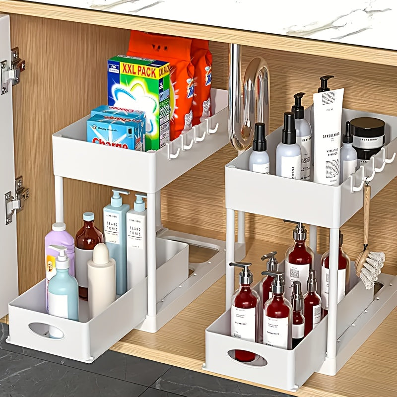 Under Sink Organizer 2 Pack – Double Tier Sliding Storage Basket with 8 Hooks, Adjustable Cabinet Organizer for Kitchen Bathroom Under Sink Storage, Moonlight White Matt Black Light Gray