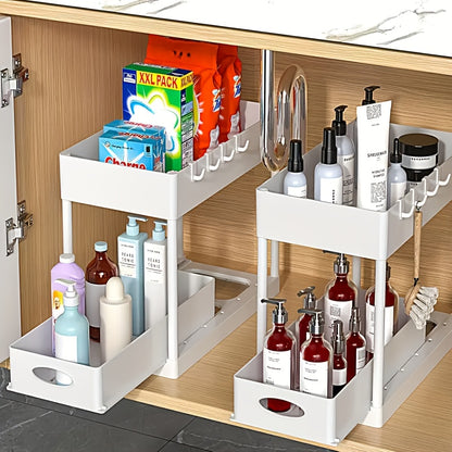 Under Sink Organizer 2 Pack – Double Tier Sliding Storage Basket with 8 Hooks, Adjustable Cabinet Organizer for Kitchen Bathroom Under Sink Storage, Moonlight White Matt Black Light Gray