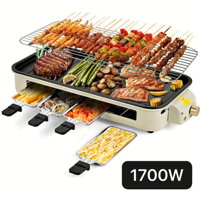 Raclette Grill Set Indoor Electric 1700W Smokeless BBQ with 3 Mini Cheese Pans – Non-Stick Removable Plate 16x9" Dishwasher Safe Stainless Steel Tabletop Grill for Couples Family Party – Black Green Beige Red
