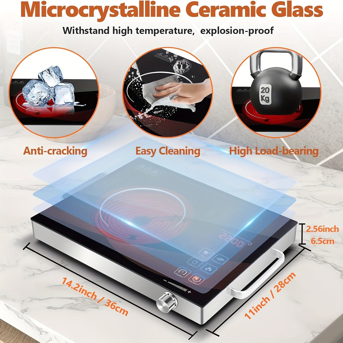 Portable Electric Ceramic Hot Plate 2200W with Dual Control - Infrared Countertop Burner with Adjustable Temperature, Touch & Rotation Knob, Induction Compatible Cooktop for Dorm, RV & Small Kitchen