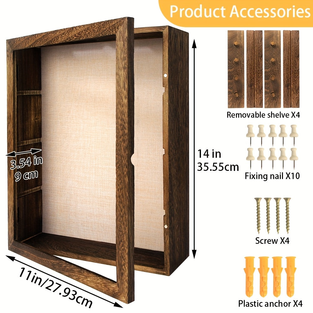 Shadow Box Frame with Linen Back 11x14 12x16, Large Rustic Memory Display Case with 4 Removable Shelves for Flowers Pictures Championship Rings Medals Coins Pins Collection Home Decor Wall Display