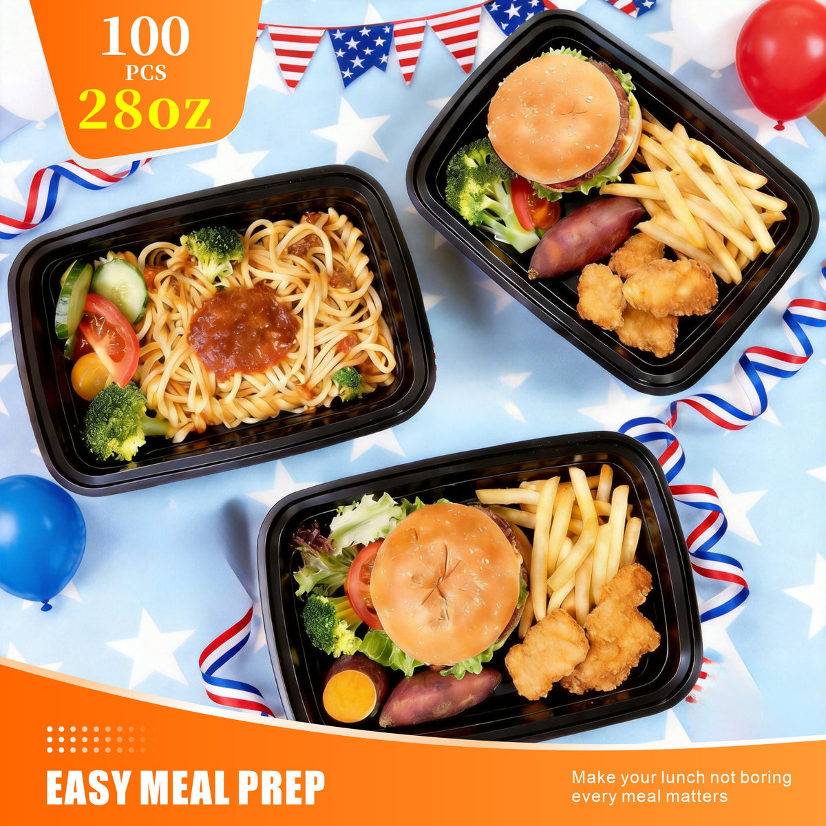 Meal Prep Containers with Lids 28oz Bulk Set - Stackable Leakproof Food Storage Containers, Reusable Bento Lunch Box, Microwave Dishwasher Freezer Safe for Meal Prep, Takeout & Catering, Black Rectangular