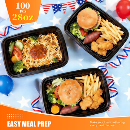 Meal Prep Containers with Lids 28oz Bulk Set - Stackable Leakproof Food Storage Containers, Reusable Bento Lunch Box, Microwave Dishwasher Freezer Safe for Meal Prep, Takeout & Catering, Black Rectangular
