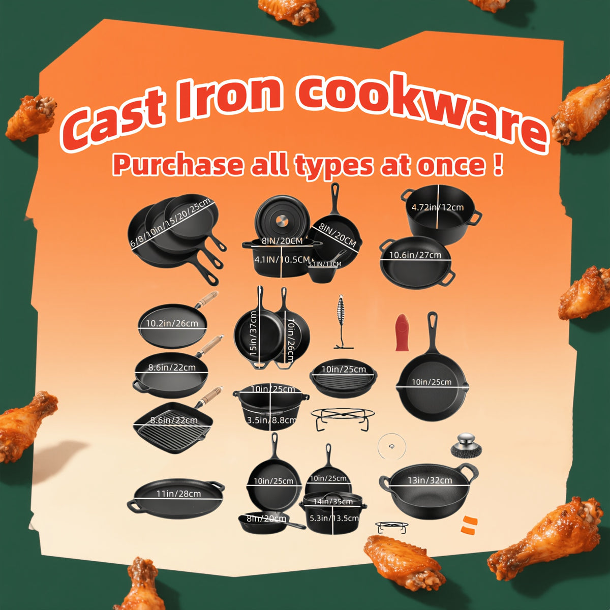 Cast Iron Cookware Set for Kitchen & Camping, Non-Stick Skillets Dutch Oven Griddle & Pizza Pan, Works on Induction & Open Fire, Even Heat Distribution, 500°F Oven Safe, BBQ & Outdoor Cooking
