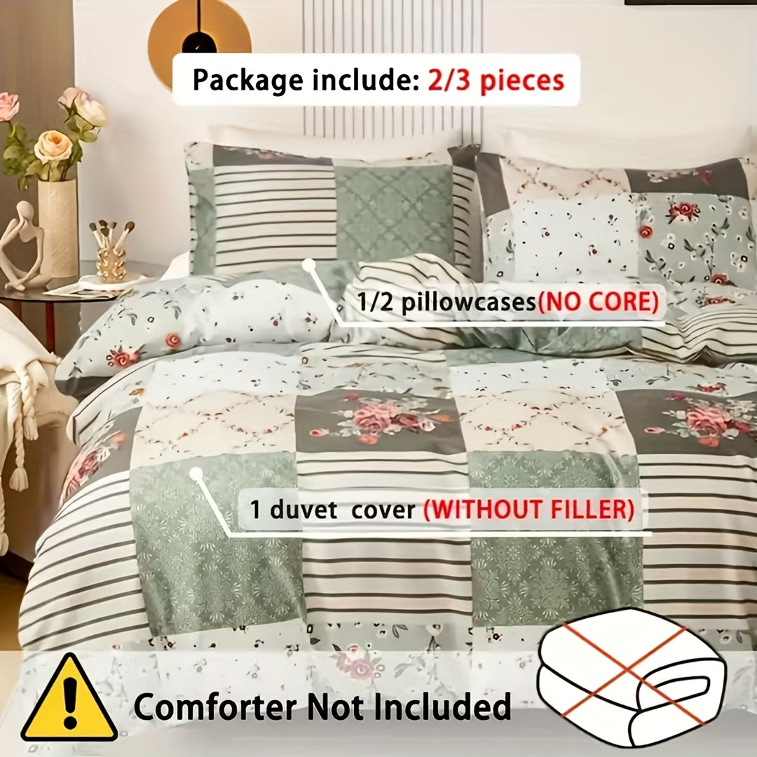 Floral Print Duvet Cover Set 3-Piece Kids Bedding with Zipper Closure, Patchwork Pastoral Style Comforter Cover + 2 Pillowcases, All-Season Lightweight, Twin Full Queen King – No Insert