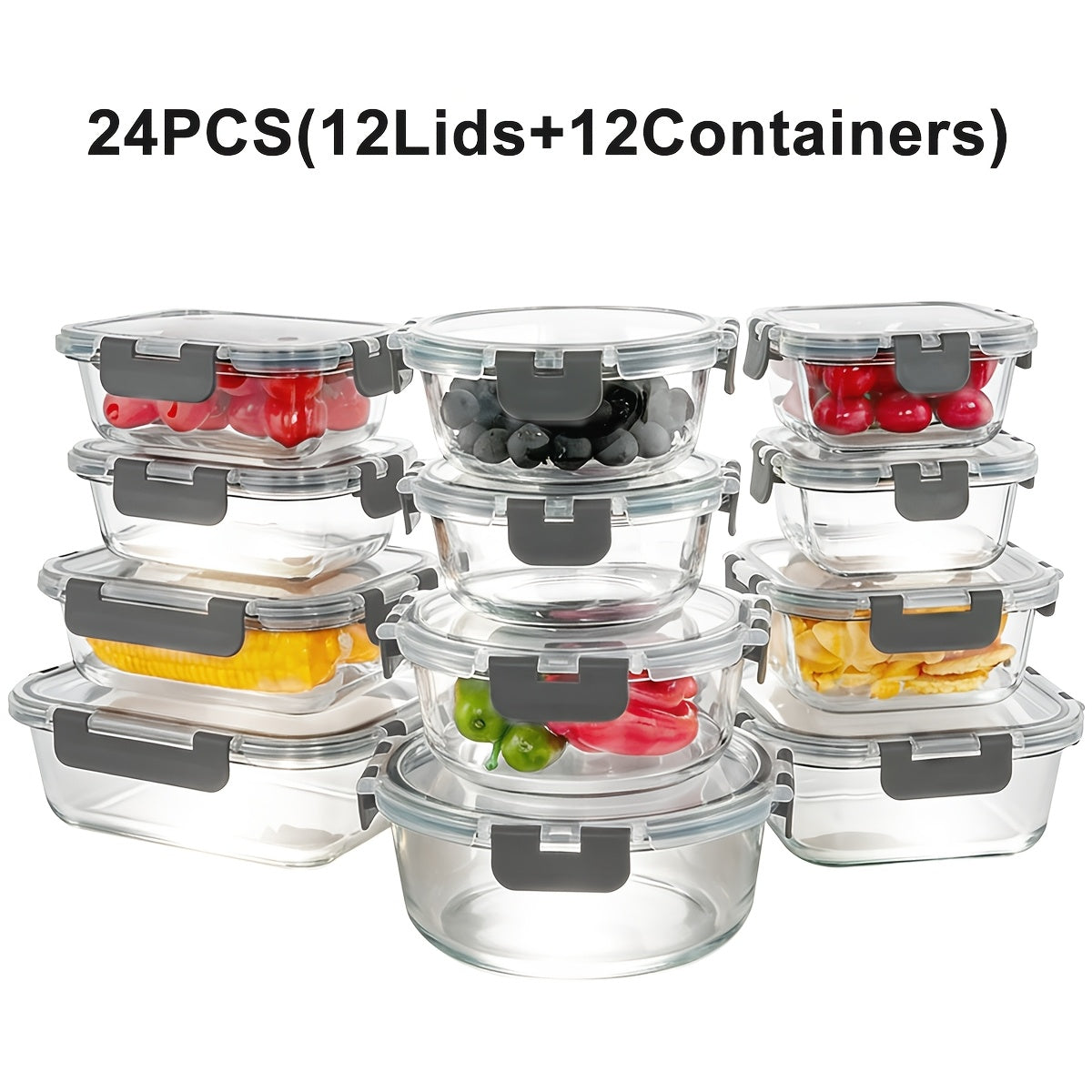 Glass Food Storage Containers with Lids 24 Piece Set - Airtight Leak-Proof Meal Prep Containers, Microwave Oven Freezer Dishwasher Safe Glass Lunch Bento Boxes for Kitchen & Pantry