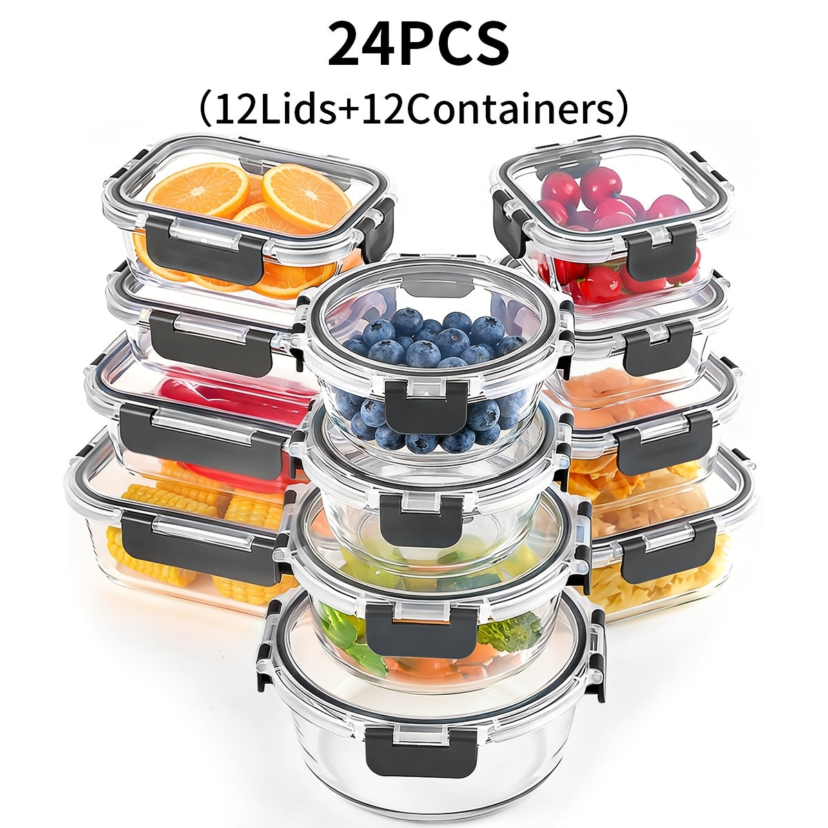 Glass Food Storage Containers with Lids 24 Piece Set - Airtight Leak-Proof Meal Prep Containers, Microwave Oven Freezer Dishwasher Safe Glass Lunch Bento Boxes for Kitchen & Pantry