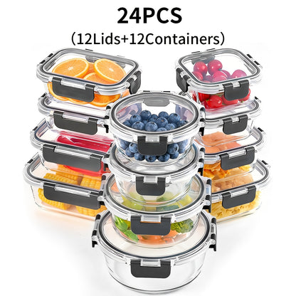Glass Food Storage Containers with Lids 24 Piece Set - Airtight Leak-Proof Meal Prep Containers, Microwave Oven Freezer Dishwasher Safe Glass Lunch Bento Boxes for Kitchen & Pantry