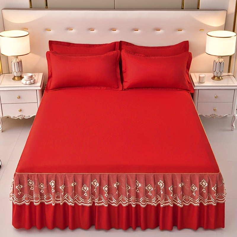 Macrame Bed Skirt Set 3 Piece with Pillowcases – Double Layer Lace Non-Slip Bedding for Twin Full Queen King, All Seasons, Red Grey Navy Purple