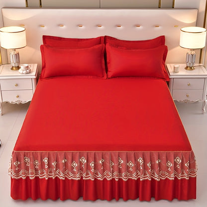 Macrame Bed Skirt Set 3 Piece with Pillowcases – Double Layer Lace Non-Slip Bedding for Twin Full Queen King, All Seasons, Red Grey Navy Purple