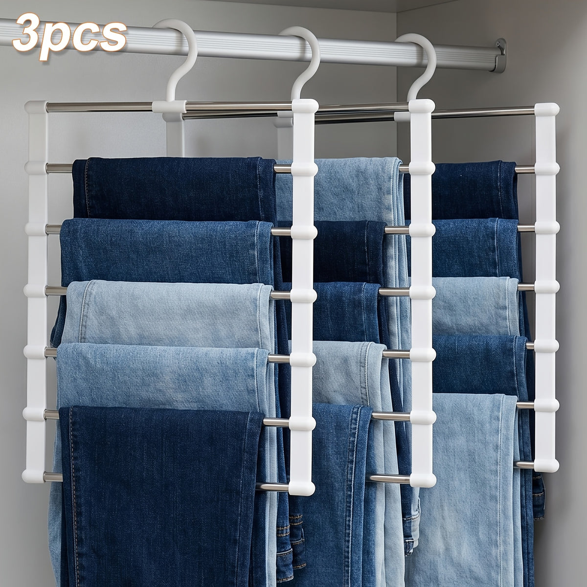 Multi-Layer Pants Hanger Space Saving Closet Organizer – Stainless Steel Non-Slip Stackable Hanger for Pants, Jeans, Trousers, Scarves & Ties – 3 or 7 Pack Wardrobe Storage