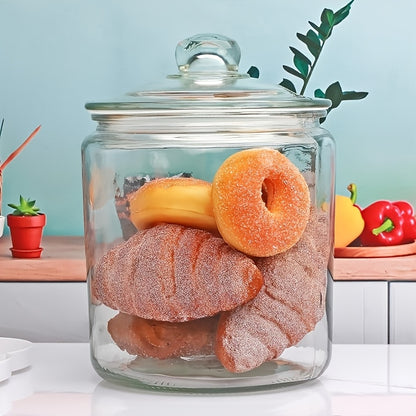 Glass Pantry Jars with Clamshell Lid Set of 2 - Airtight Food Storage Containers for Kitchen Countertop, Includes Spoons, Label Pen & Stickers, Reusable Round Glass Jars for Coffee, Pasta, Candy