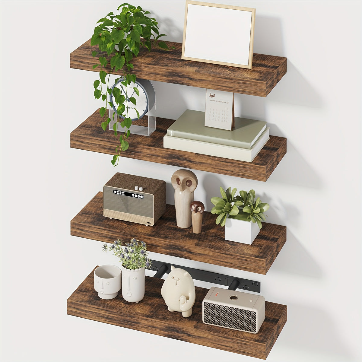 Rustic Floating Shelves 15.8 Inch 4 or 8 Pack – Wall Mounted Wood Shelf with Invisible Brackets for Home Decor Living Room Bedroom Bathroom Kitchen Brown Black White Gray