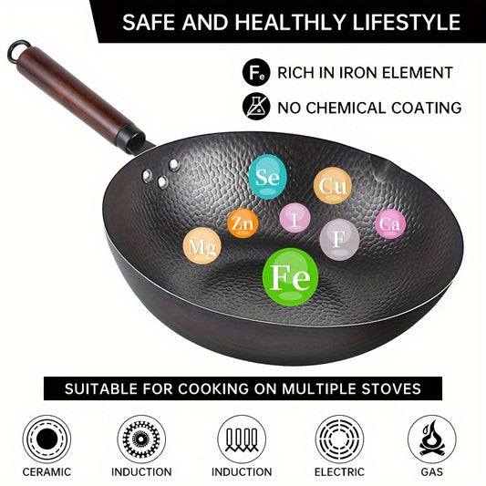 Carbon Steel Wok Pan 12.6 Inch 11-Piece Set with Lid - No Chemical Coating Uncoated Chinese Iron Wok, Flat Bottom Stir Fry Pan with 10 Cookware Accessories for Electric Induction Gas Stoves