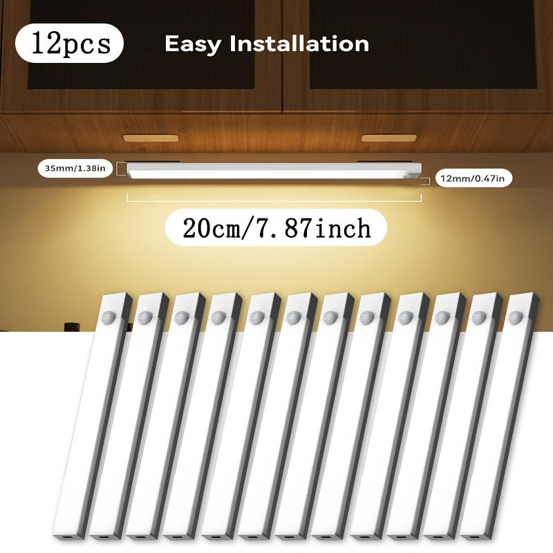 Motion Sensor LED Cabinet Light USB Rechargeable 12-Pack, 12 LED Wireless Night Light 3 Modes Wall Mount for Bedroom, Staircase, Kitchen, Closet & Hallway – 10cm, 20cm or 30cm