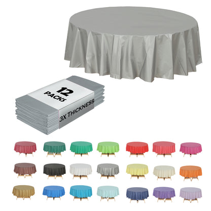 Disposable Plastic Tablecloth 12-Pack – Heavy Duty Table Cover for Parties, 84" Round & 54"x108" Rectangle, 22 Colors for Kitchen Dining Outdoor Events