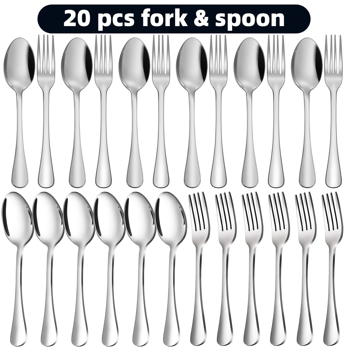 Stainless Steel Flatware Set Dishwasher Safe, 20/22/40/60/72 Piece Cutlery Set for 4/8/12, Mirror Polished Silverware Set for Home Kitchen Restaurant Wedding Camping, Silver Black Utensils Set