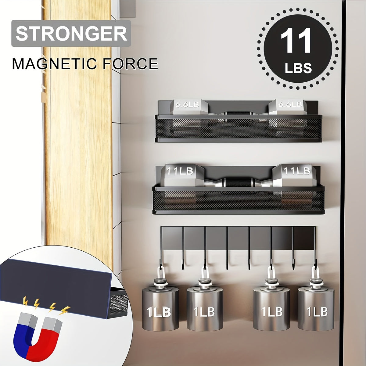 Magnetic Spice Rack for Refrigerator - Movable Metal Fridge Shelf Organizer with 8 Hooks, Multi-Purpose Magnetic Seasoning Rack for Kitchen Side Wall Storage, Space-Saving, Black White 3 5 Pack