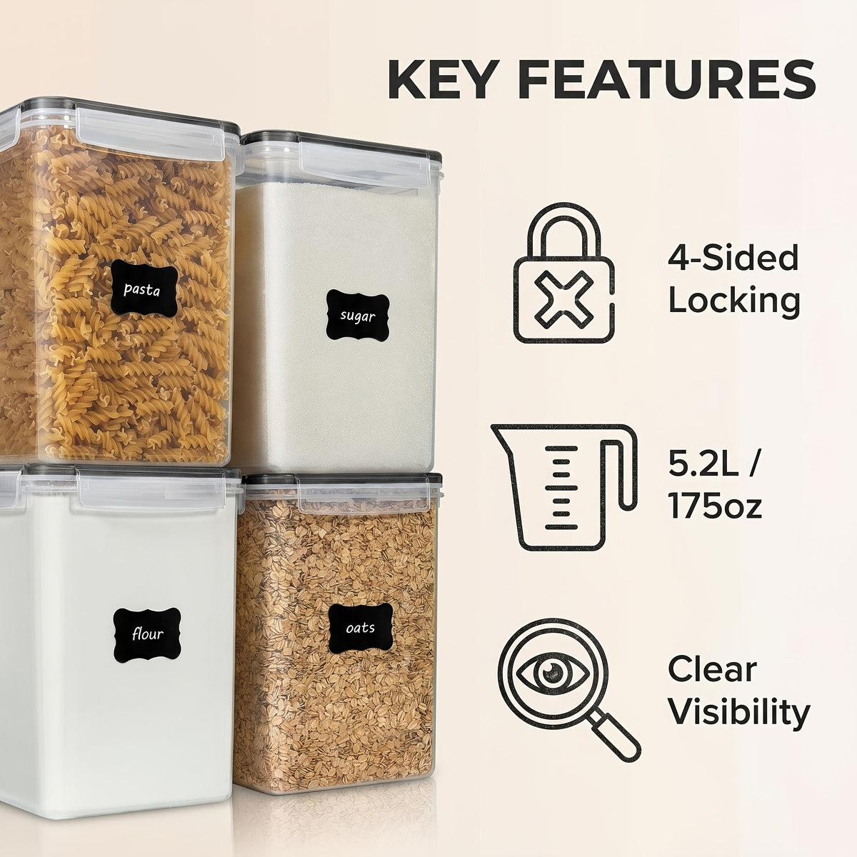 Food Storage Containers Set of 4 - Large 5.2L Airtight BPA-Free Plastic Canisters for Flour Sugar Rice Baking Supplies, Stackable Pantry Organizer with Lids Measuring Cups & Labels