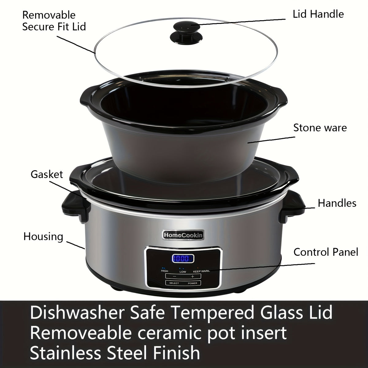 Slow Cooker Digital Programmable 6 or 7 Quart with Non-Stick Ceramic Bowl, Countdown Timer & Keep Warm Function for Family Meals, Soups, Stews & Holiday Cooking – Stainless Steel or Black