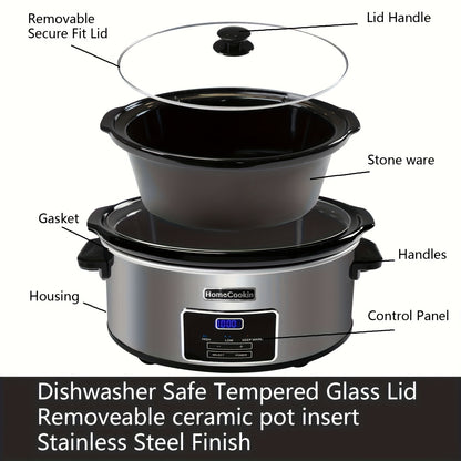 Slow Cooker Digital Programmable 6 or 7 Quart with Non-Stick Ceramic Bowl, Countdown Timer & Keep Warm Function for Family Meals, Soups, Stews & Holiday Cooking – Stainless Steel or Black