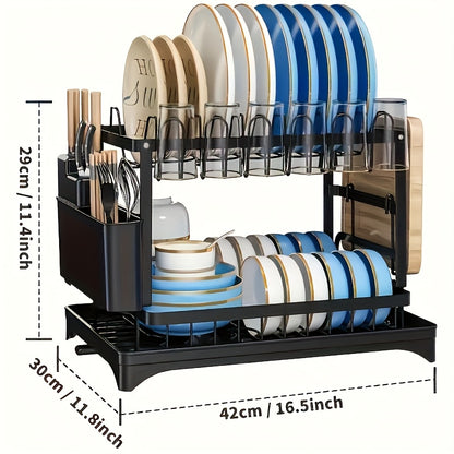 2-Tier Dish Drying Rack Double Layer Rust Proof with Drain Tray Utensil Holder Kitchen Countertop Organizer for Plates Bowls Cups Cutlery Space Saving Kitchen Storage Black White