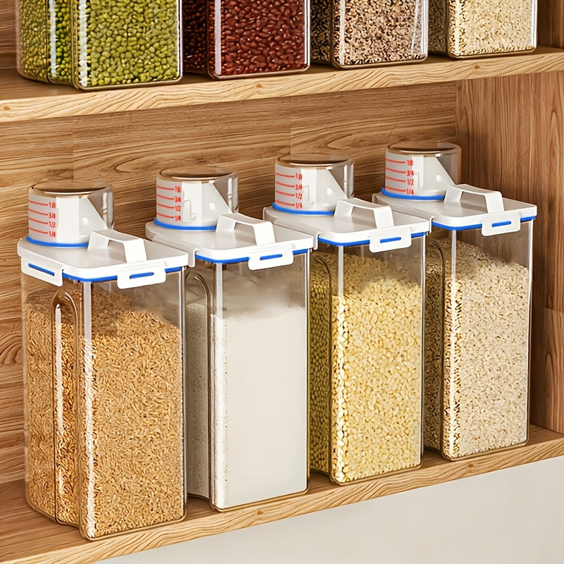 Food Storage Canisters 4 Pack Large Capacity Transparent PP Plastic with Measuring Cups and Scale Markings, Flip Top Lid Airtight Kitchen Pantry Containers for Rice Flour Grains Dog Food Organization