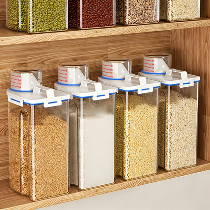 Food Storage Canisters 4 Pack Large Capacity Transparent PP Plastic with Measuring Cups and Scale Markings, Flip Top Lid Airtight Kitchen Pantry Containers for Rice Flour Grains Dog Food Organization
