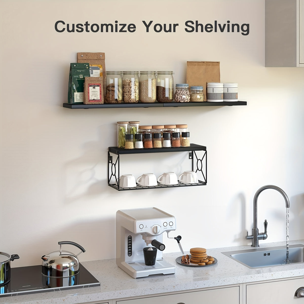 Floating Shelves Over Toilet 3 Piece Set | Wall Mounted Bathroom Storage Shelf with Toilet Paper Holder, Farmhouse Wood & Metal Organizer, Black & Brown