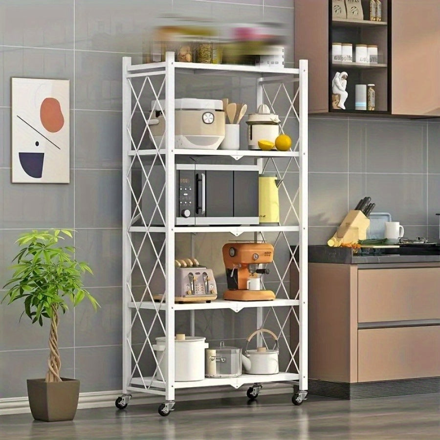 Rolling Storage Rack with Wheels 3 4 5 Tier Foldable Metal Shelving Unit Heavy Duty 50 lbs Per Shelf – Mobile Floor Standing Storage Shelf for Office Home Living Room Garage Black White