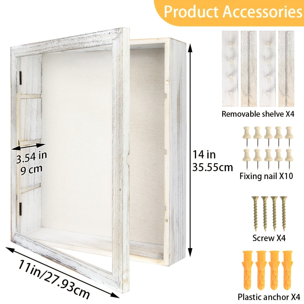 Shadow Box Frame with Linen Back 11x14 12x16, Large Rustic Memory Display Case with 4 Removable Shelves for Flowers Pictures Championship Rings Medals Coins Pins Collection Home Decor Wall Display