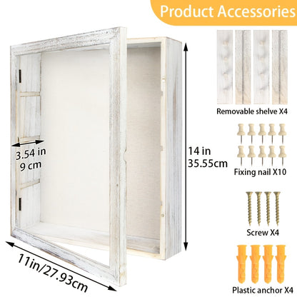 Shadow Box Frame with Linen Back 11x14 12x16, Large Rustic Memory Display Case with 4 Removable Shelves for Flowers Pictures Championship Rings Medals Coins Pins Collection Home Decor Wall Display
