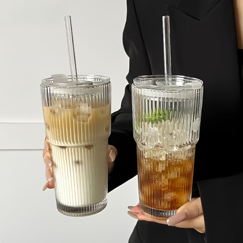 Vintage Striped Drinking Glasses with Glass Straws 19oz Borosilicate - Iced Coffee Cups Juice Glasses for Family Party - Thickened High Borosilicate Glass Tumbler Set of 2 or 4